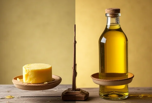 A split image showing a pat of butter on one side and a bottle of vegetable oil on the other, with a scale in the background suggesting a balance between healthy and unhealthy dietary choices.