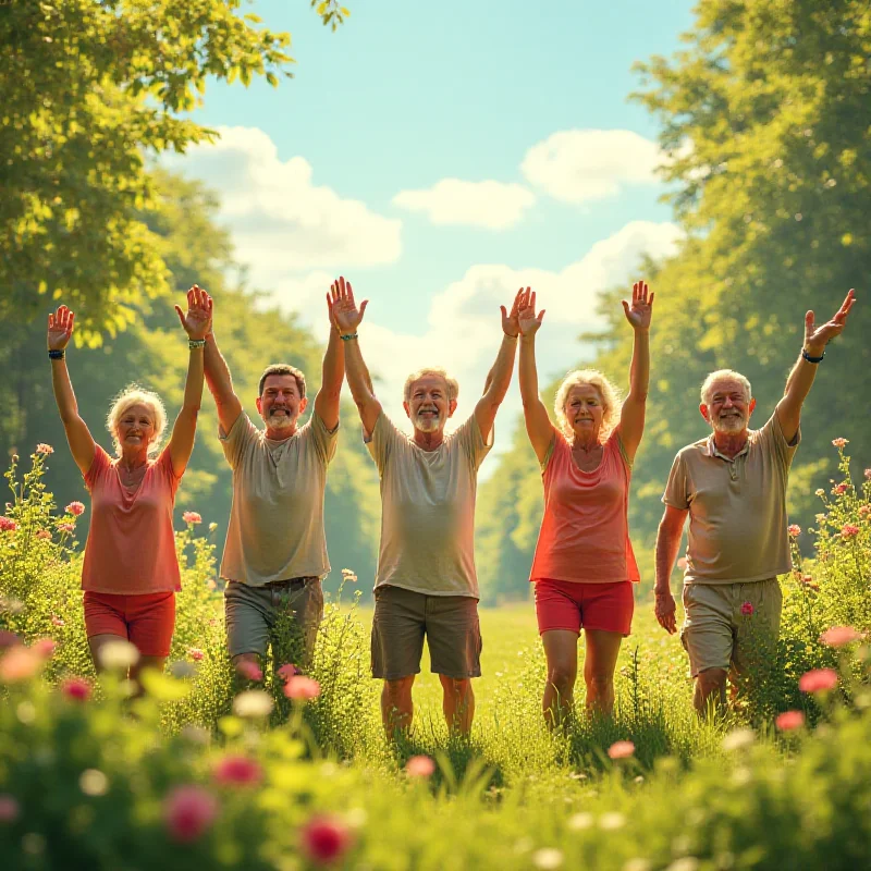A group of diverse people of different ages engaging in healthy activities like yoga, gardening, and walking in nature, symbolizing healthy habits and lifestyle choices contributing to longevity.