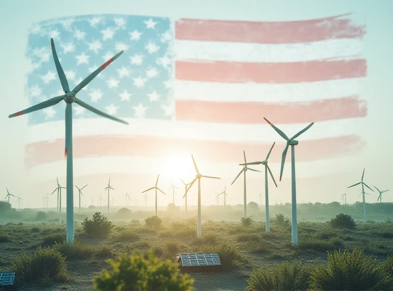 Conceptual image of wind turbines and solar panels in a developing country, with a faded US flag in the background, symbolizing the climate finance deal.