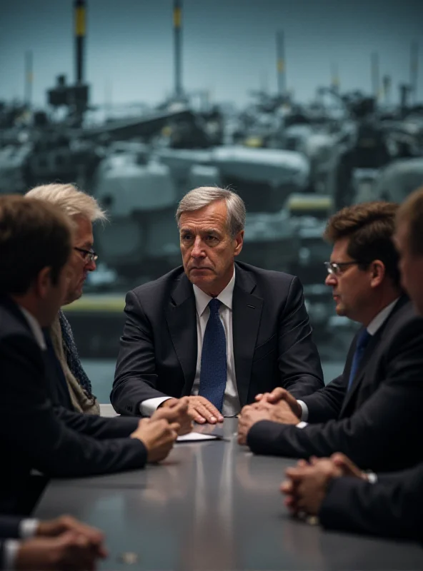 European leaders in a meeting, looking concerned, with a subtle image of military hardware in the background.