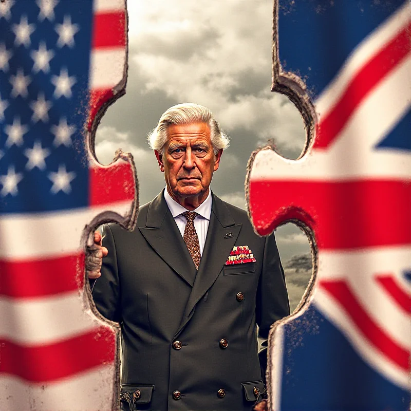 King Charles standing between stylized representations of the US and UK flags, symbolizing his potential role as a mediator.