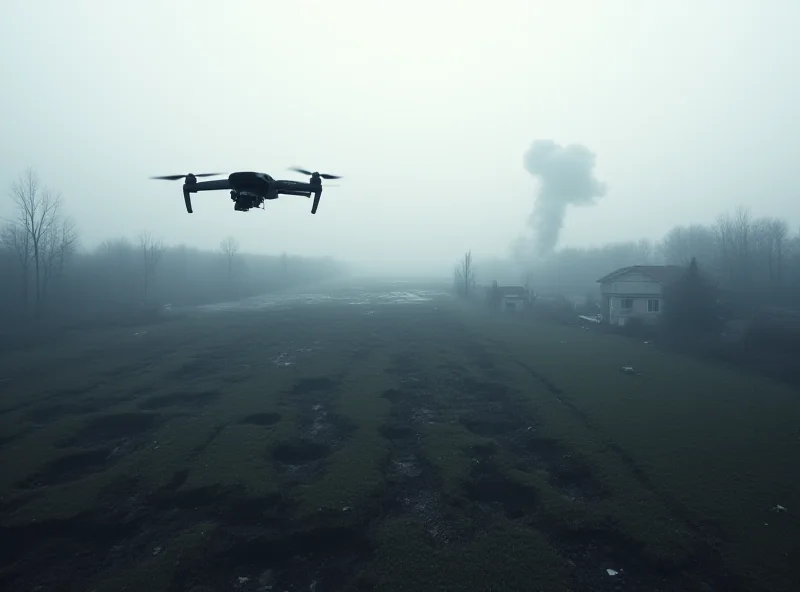 Drone flying over a war-torn landscape in Ukraine