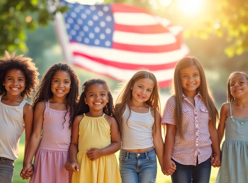 A group of diverse children standing in front of the American flag.