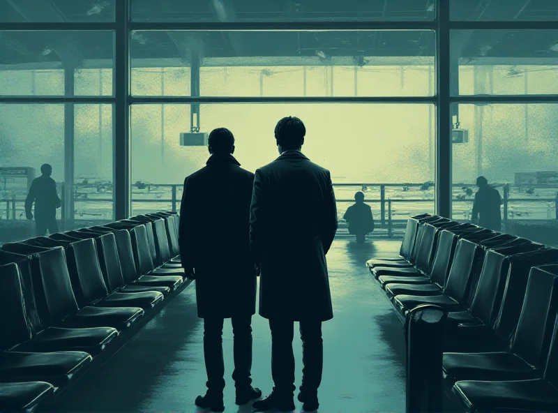 An artistic rendering of Andrew and Tristan Tate standing at an airport departure gate, looking back towards Romania with concern, while a US flag subtly waves in the background. The scene is stylized, with a sense of mystery and legal ambiguity.