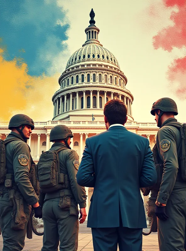 An illustration showing JD Vance standing in the US Capitol building, looking sternly at a group of symbolic figures representing Ukraine, with a backdrop of US military equipment. The scene is designed to convey a sense of political pressure and scrutiny regarding US aid to Ukraine.