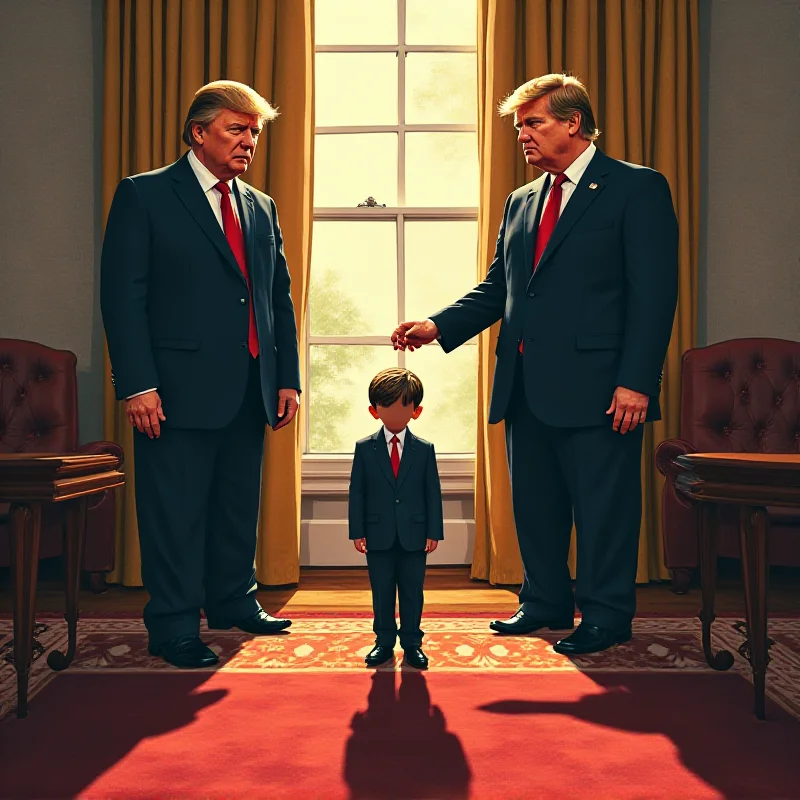 A stylized illustration depicting Donald Trump and JD Vance standing together in the Oval Office, casting long shadows over a smaller, more vulnerable figure representing Volodymyr Zelenskyy. The scene evokes a sense of power imbalance and political maneuvering, with the Oval Office setting symbolizing high-stakes decision-making.