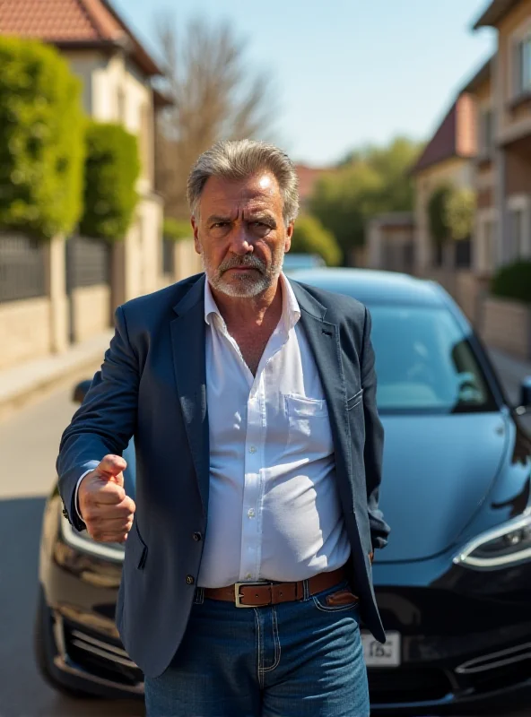 Angry Tesla owner standing next to his car.