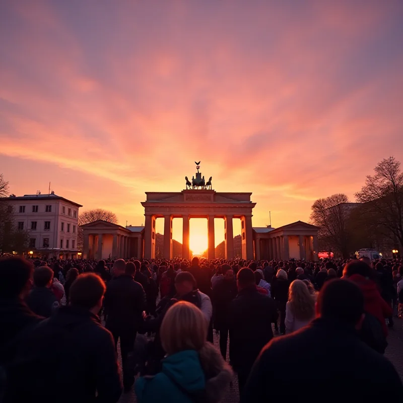 A panoramic view of the Brandenburg Gate in Berlin at dusk, with a crowd of people gathered in front of it. The sky is a mix of orange and purple, and the overall atmosphere is one of hope and resilience.