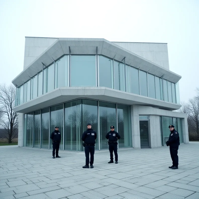 A modern courthouse building in Germany, with police officers standing guard outside.