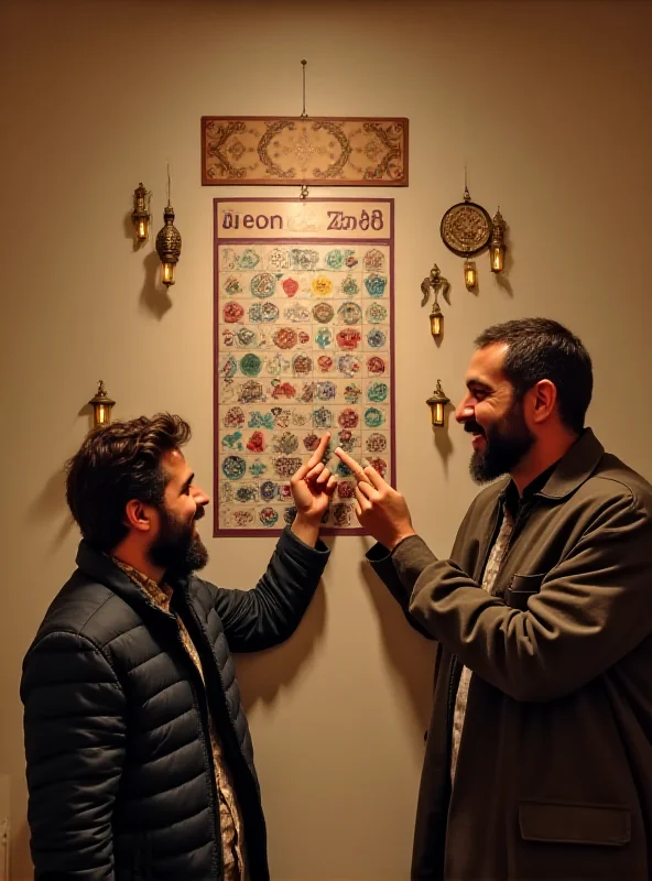 A Muslim family in Germany preparing a Ramadan calendar, smiling and pointing at dates