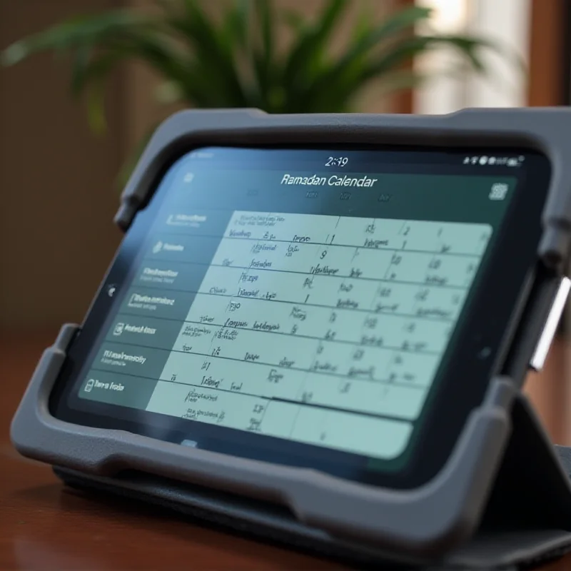 A digital Ramadan calendar displayed on a tablet, showing prayer times and dates