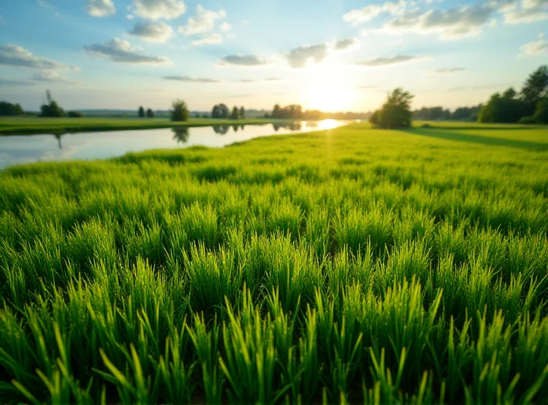A flooded peatland area, with grass growing in the foreground, symbolizing climate protection efforts.