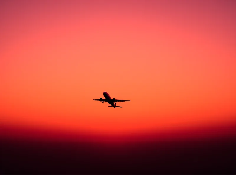 Airplane taking off at sunset, representing SCAT Airlines new route to Germany