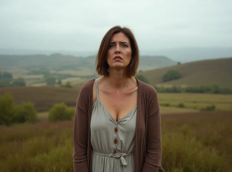 A worried looking woman in her fifties standing in a rural Polish landscape.