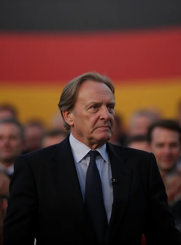 Friedrich Merz giving a speech at a political rally with the German flag in the background. He looks serious and determined.
