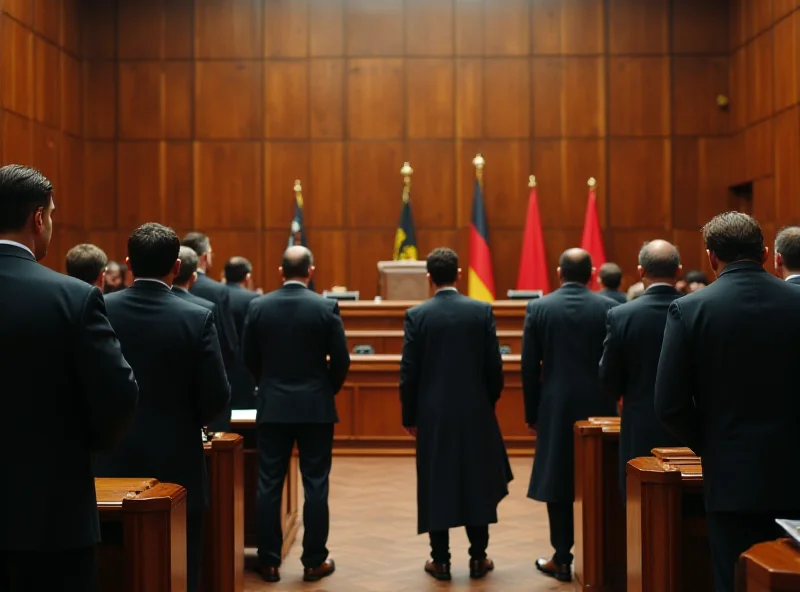 A courtroom scene with defendants and lawyers.