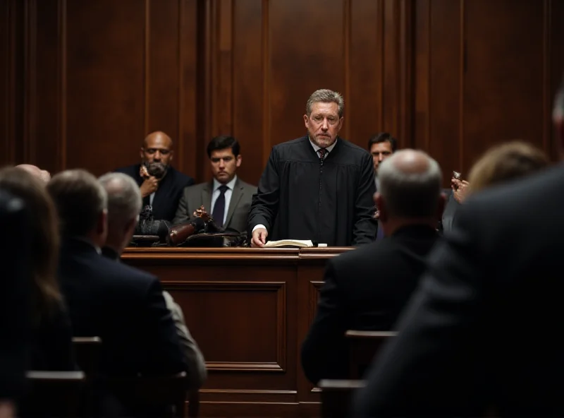 A somber courtroom scene with a judge delivering a verdict in a high-profile case.