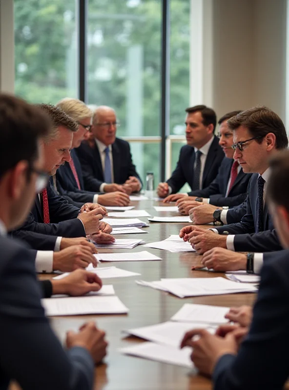 A group of diverse politicians sitting around a large table, engaged in intense discussion during coalition talks.