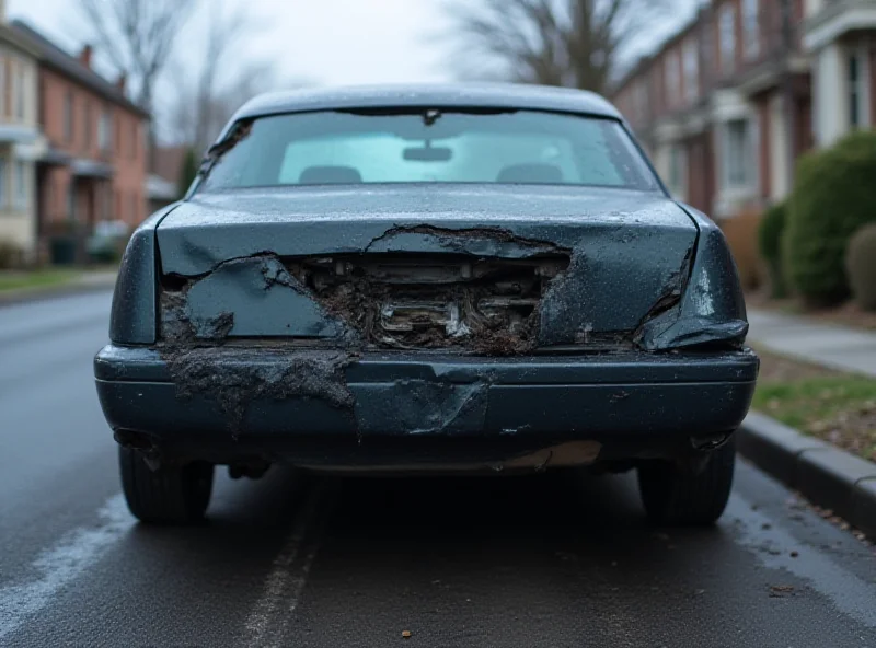 A damaged car with its exhaust system visibly tampered with, suggesting sabotage.