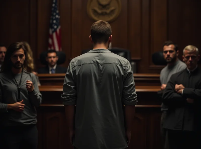 A courtroom scene with a young man being sentenced by a judge.