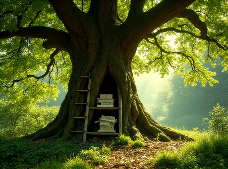 A beautiful, ancient oak tree in a lush green forest with sunlight filtering through the leaves. A small, wooden ladder leans against the trunk, leading to a visible knothole where letters are placed.