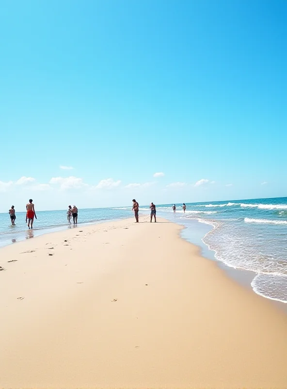 A wide, sandy beach on the Baltic Sea on a sunny day. In the distance, people are enjoying the water and sunbathing, with a mix of clothed and nude individuals. The overall scene is relaxed and natural.