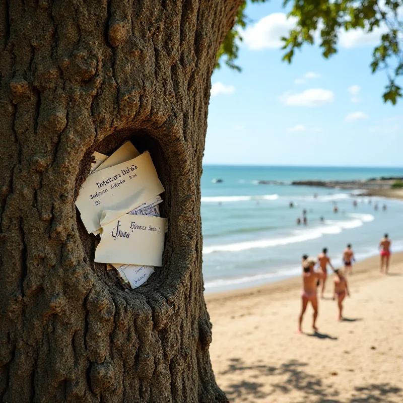 A split image. On the left, a close-up of the Bridegroom's Oak with letters visible in the knothole. On the right, a panoramic view of a crowded nudist beach on a sunny day.
