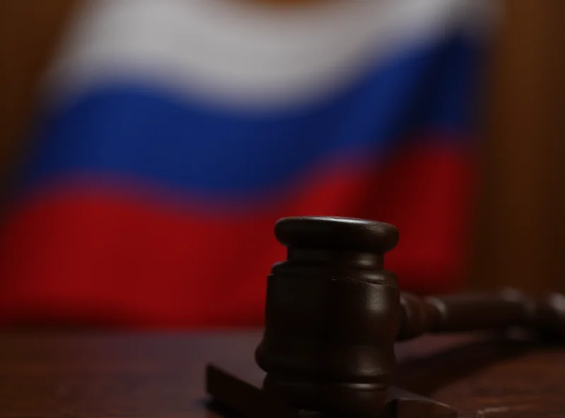 A gavel resting on a Russian flag in a courtroom