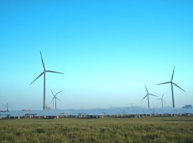 Wind turbines and solar panels in a field, symbolizing renewable energy.