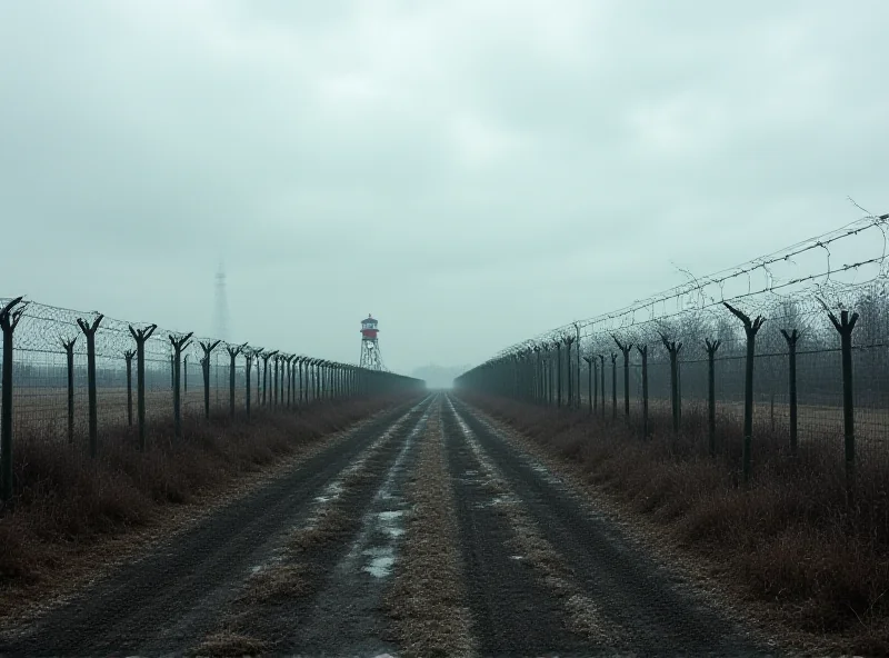 Lithuanian border with Russia, with barbed wire and military vehicles. Gloomy sky.