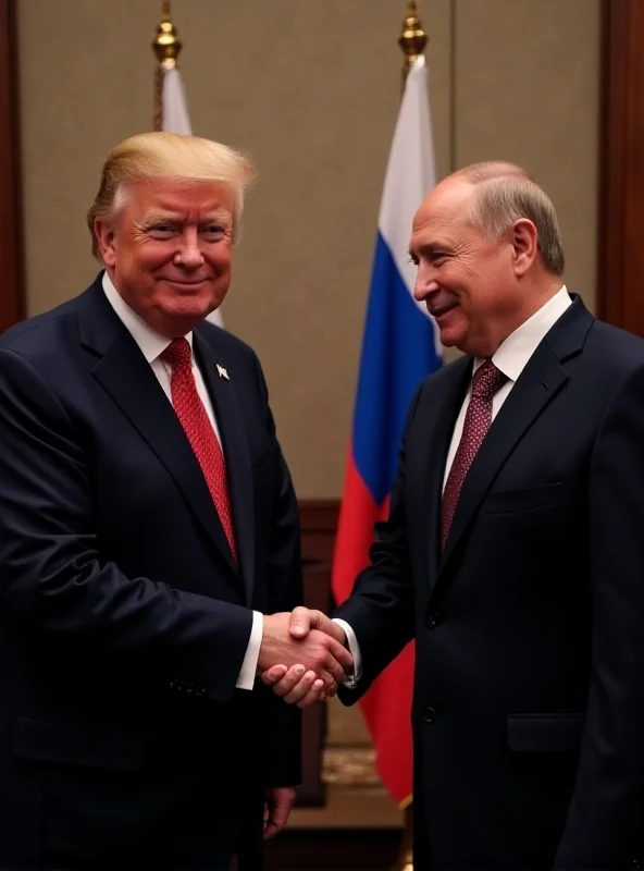 Donald Trump and Vladimir Putin shaking hands during a summit. Both are smiling.