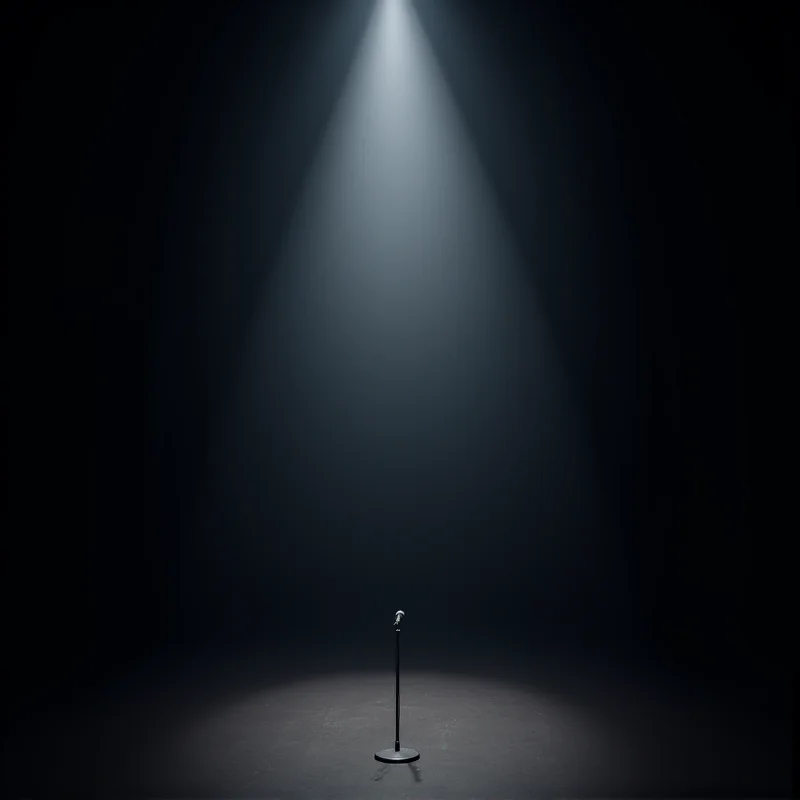 A concert stage with a spotlight shining on an empty microphone stand, symbolizing silenced voices.