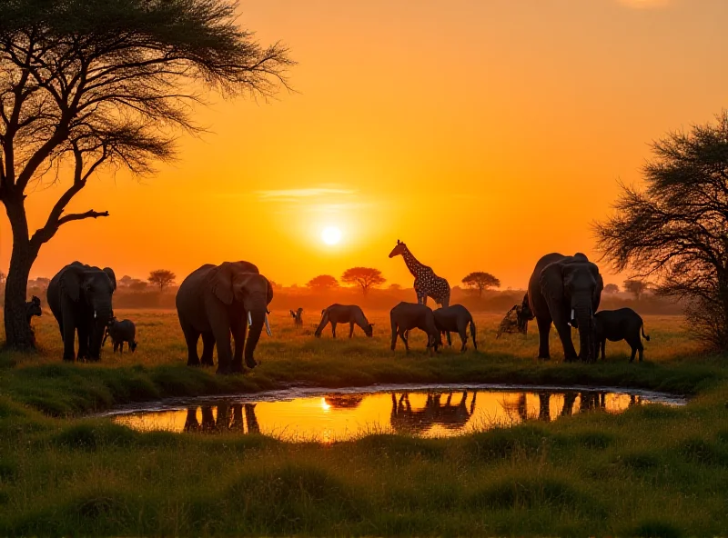 A diverse group of animals gather around a watering hole in a lush, green environment, symbolizing biodiversity and the need for conservation efforts.