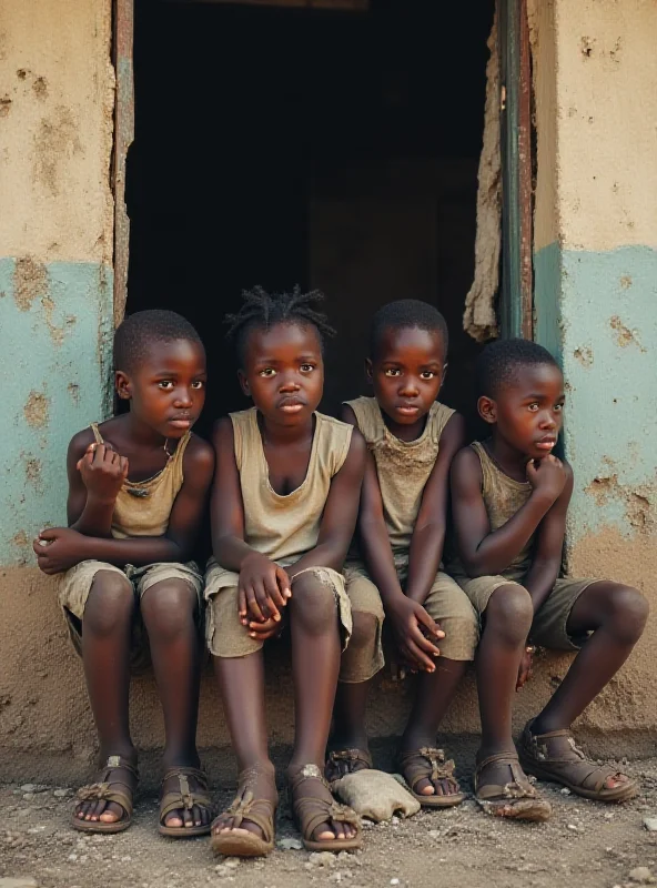 A group of Haitian children in tattered uniforms sit outside a damaged school building, looking somber and concerned. The background shows signs of violence and neglect.