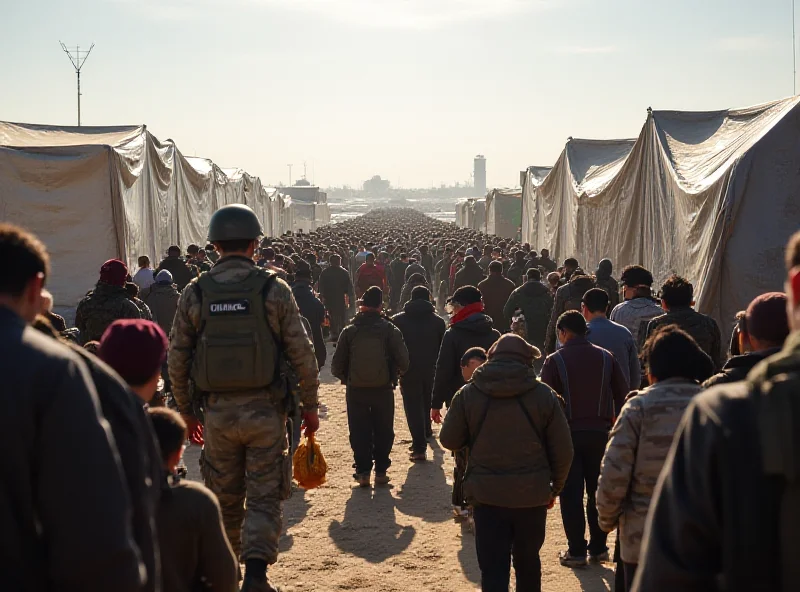A crowded humanitarian aid distribution point in Gaza, with Israeli soldiers standing guard in the background. Tents and makeshift shelters are visible, highlighting the dire living conditions.