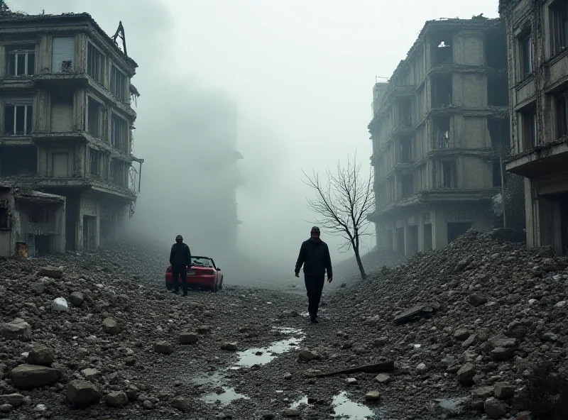 A photojournalistic image of the conflict in Ukraine, showing damaged buildings and emergency services.