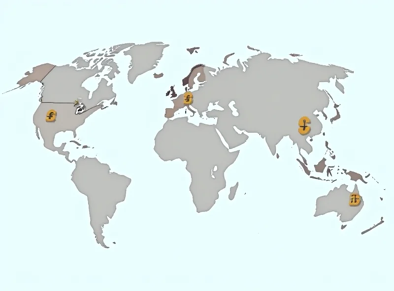 A world map highlighting Asia, Europe, and North America with currency symbols overlayed.