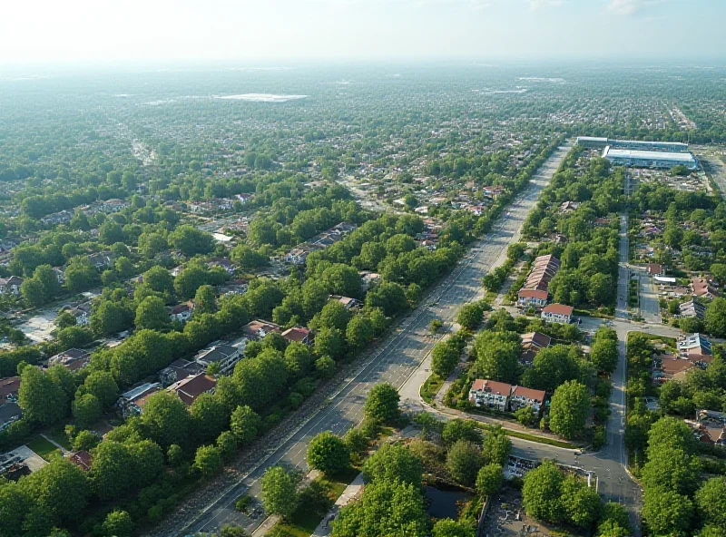 Aerial view of urban sprawl with new construction encroaching on green spaces