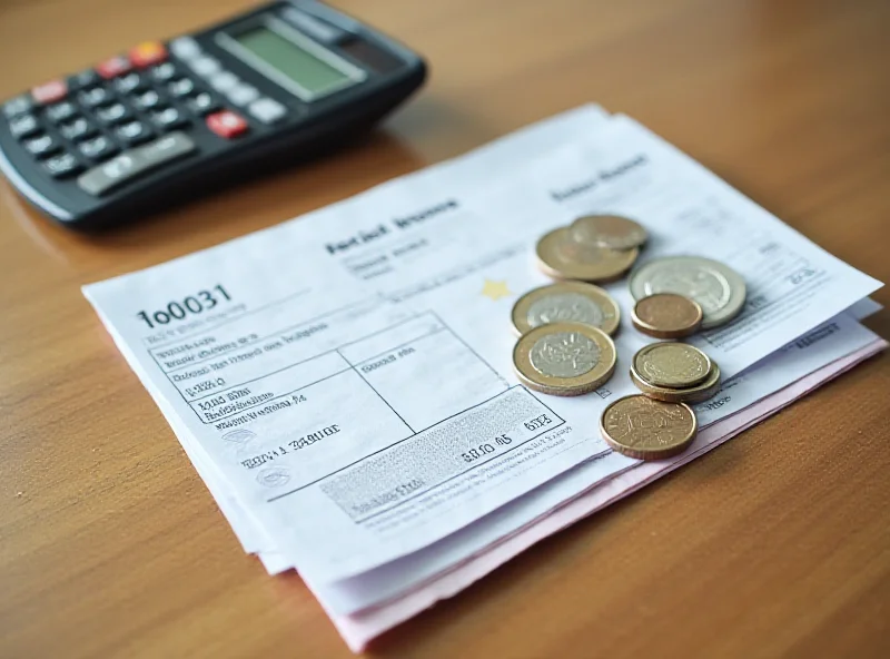 A stack of utility bills with a calculator and euro coins, symbolizing financial strain
