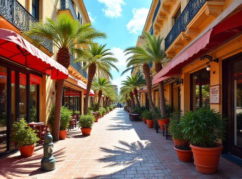 A bustling street scene in Nice, France, with luxury shops and palm trees, but with an undercurrent of danger and hidden crime.