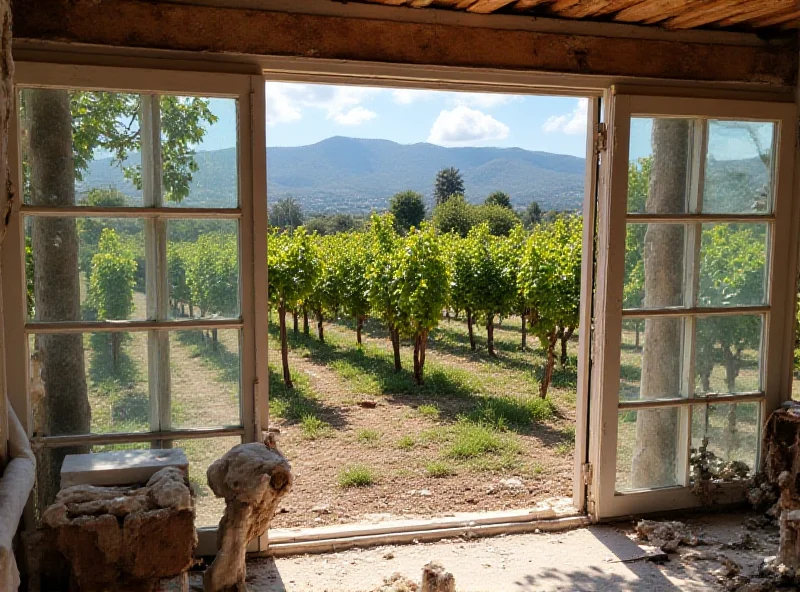 A damaged winery in the Bekaa Valley, Lebanon, with shattered glass and shrapnel damage, but with workers repairing the building and vines still growing.