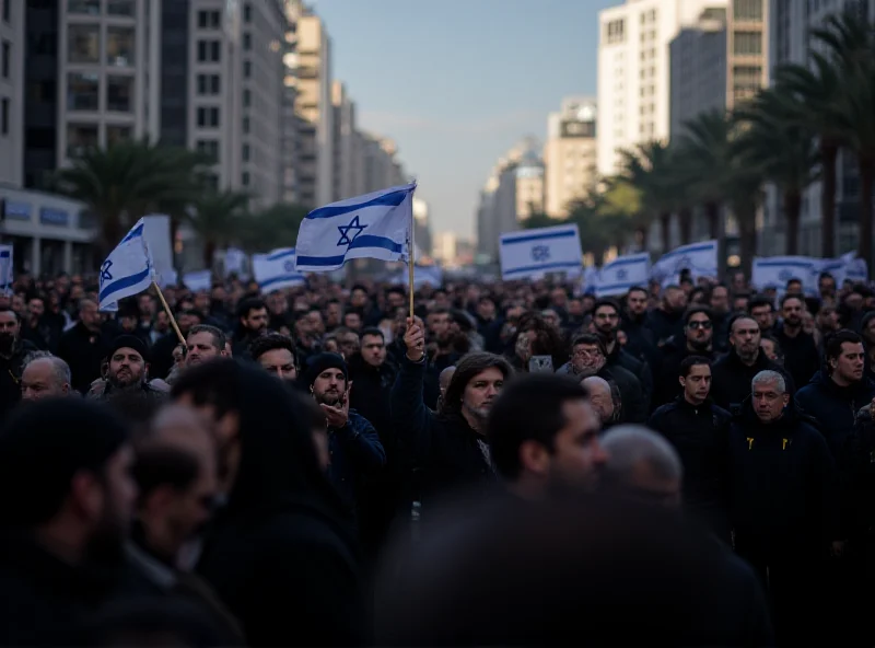 A large crowd of people gathered in a street, many holding Israeli flags, expressing grief and solidarity.
