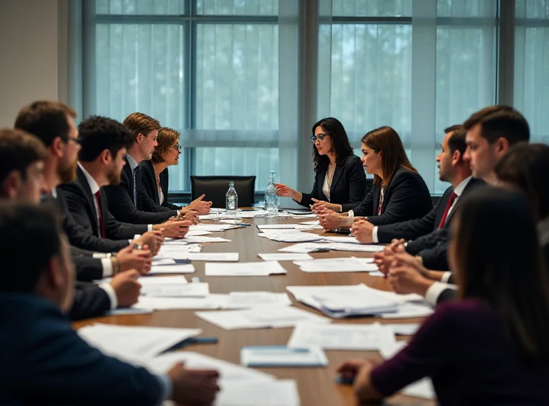A diverse group of people sitting around a table discussing political matters