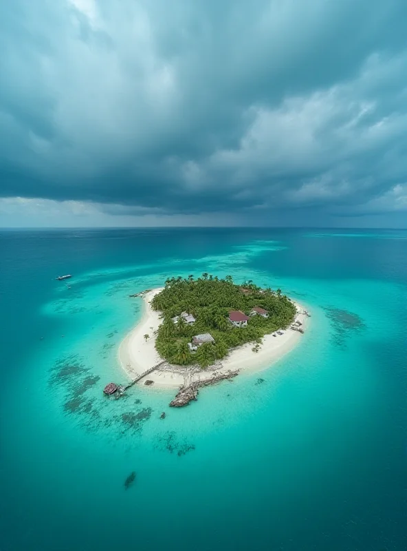 Aerial view of a small island nation surrounded by rising sea levels, dramatic sky