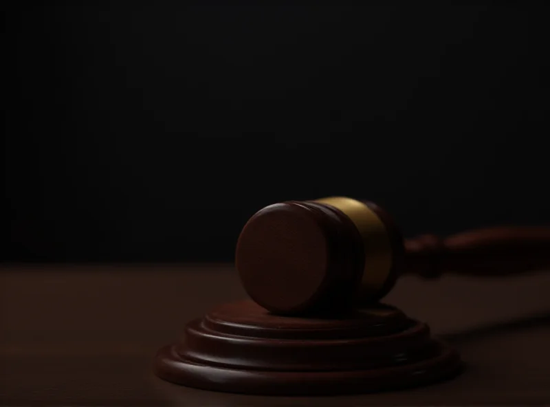 A gavel hitting a sounding block in a dark courtroom, representing justice and law