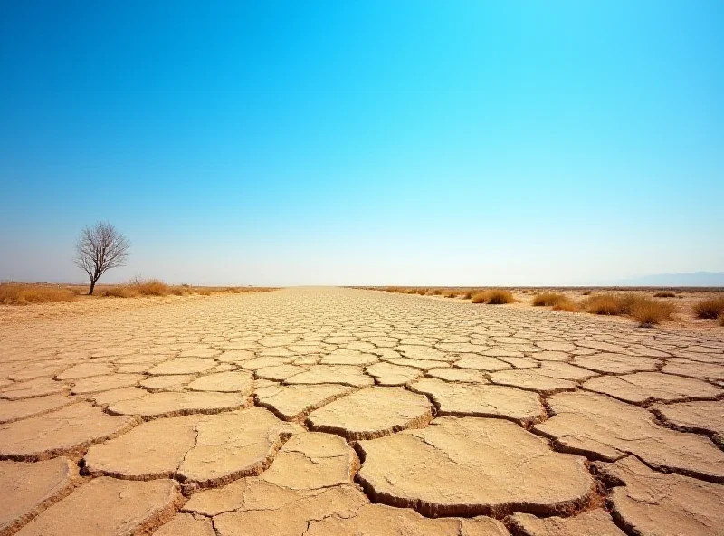 A dry, arid landscape in Morocco, cracked earth and withered vegetation visible under a scorching sun.