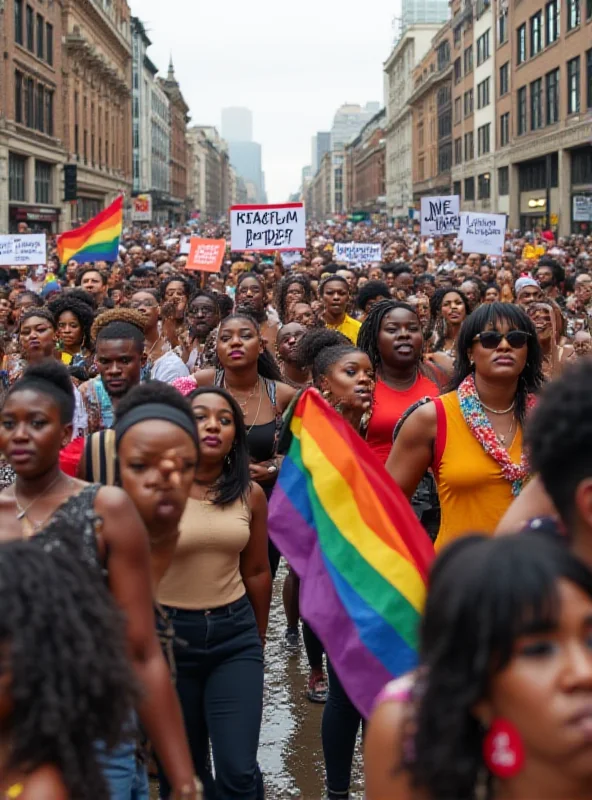 A diverse group of people marching in a Pride parade in South Africa, holding signs and banners advocating for LGBT+ rights. The atmosphere is both celebratory and determined.