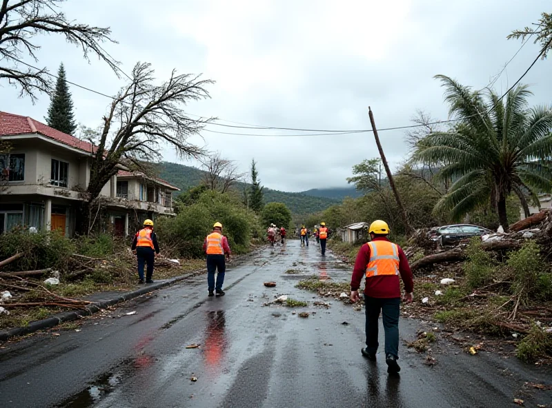A scene of devastation on Réunion Island after a cyclone. Trees are uprooted, buildings are damaged, and debris litters the streets. Rescue workers are visible in the background.