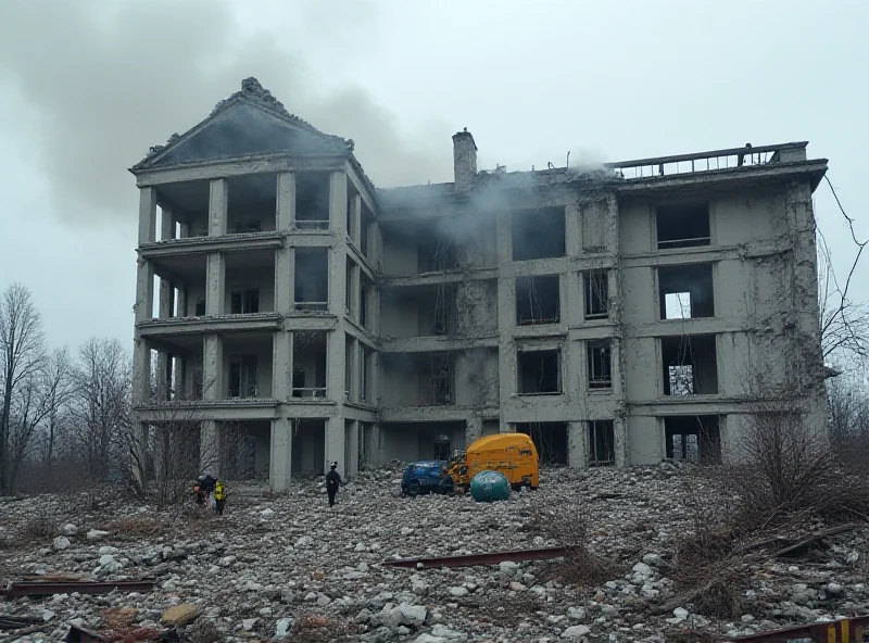 A bombed-out hotel in Ukraine, smoke rising from the rubble, with emergency responders on the scene.