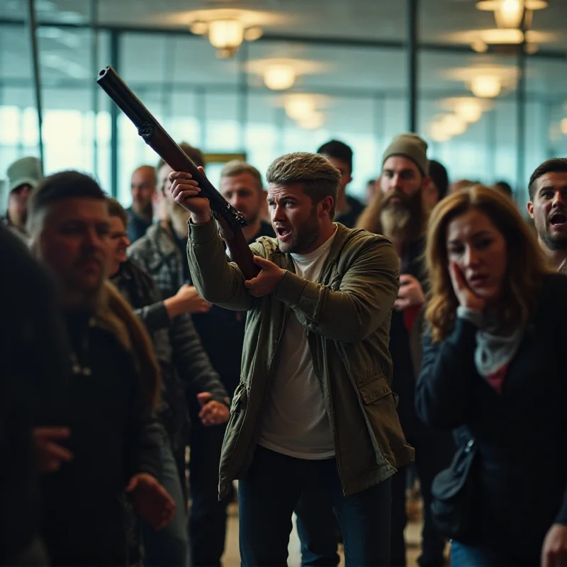 A diverse group of passengers overpowering a young man holding a shotgun inside an airport terminal.
